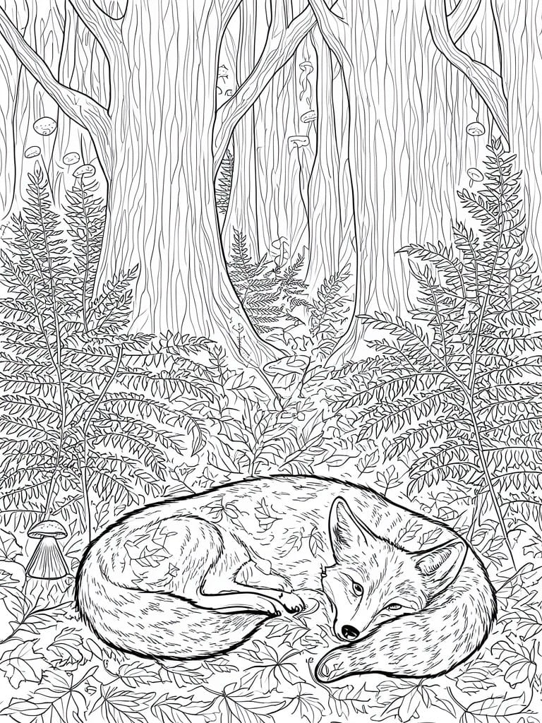 Line drawing of curled fox sleeping on leaves amid ferns, mushrooms and trees.