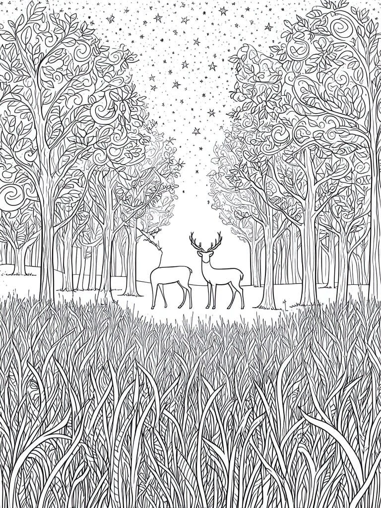 Two deer in ornate forest under starry sky with tall grass foreground