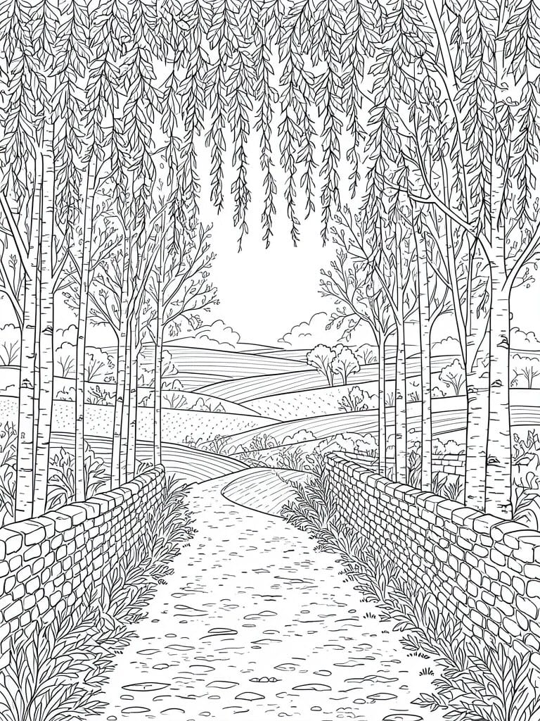 Line drawing of winding path between stone walls under weeping willows with rolling hills beyond.