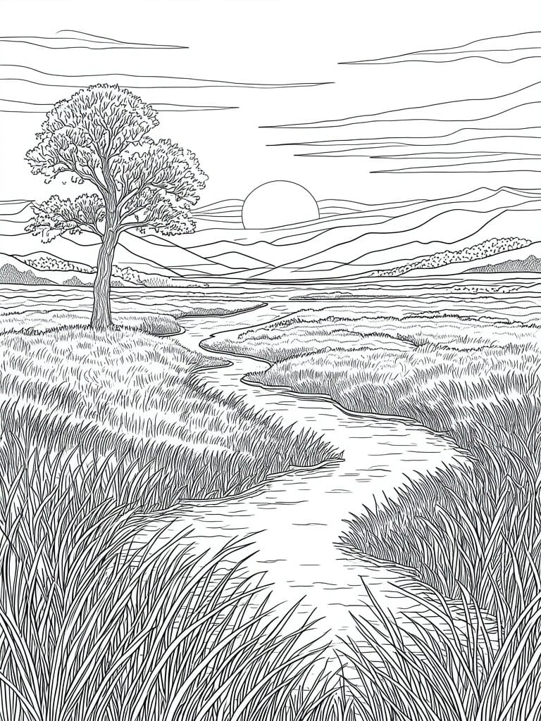 Black-and-white line drawing of winding river through grass with tree and hills.