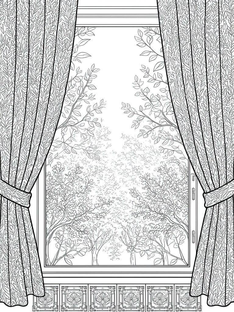 Black and white line art of open window with patterned curtains framing trees.