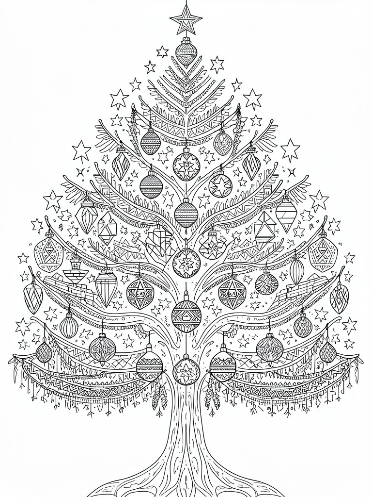 A black and white line drawing of a large decorated Christmas tree with many patterned ornaments and stars.