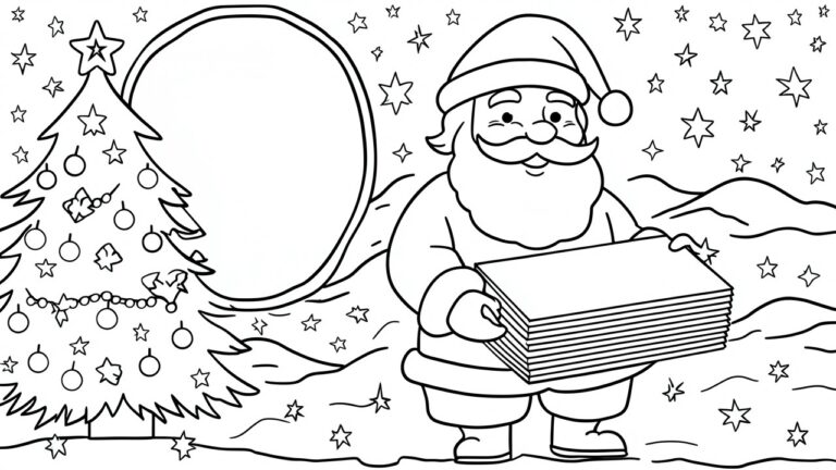 21 Creative Christmas Card Coloring Pages to Personalize Holiday Greetings A line drawing of Santa Claus holding a stack of gifts next to a decorated Christmas tree with presents on the floor.