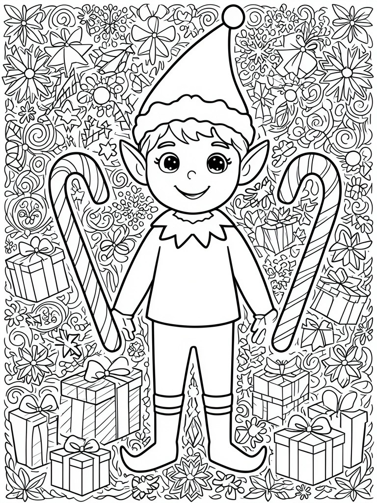 Coloring page of smiling elf between candy canes and gift boxes with festive patterns
