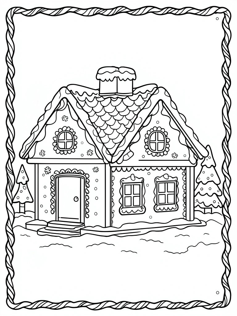 Line drawing of snow-covered gingerbread house with icing details, windows, door, and trees.