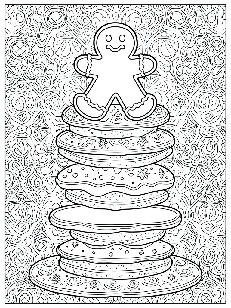 Line drawing of smiling gingerbread man atop stack of decorated pancakes with swirls