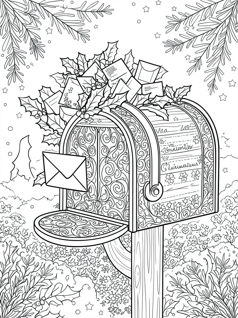 Coloring page of festive mailbox overflowing with letters, holly, and an open door.