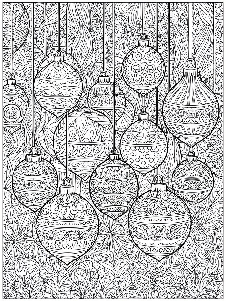 Intricate line drawing of patterned Christmas baubles hanging amid leafy foliage designs.