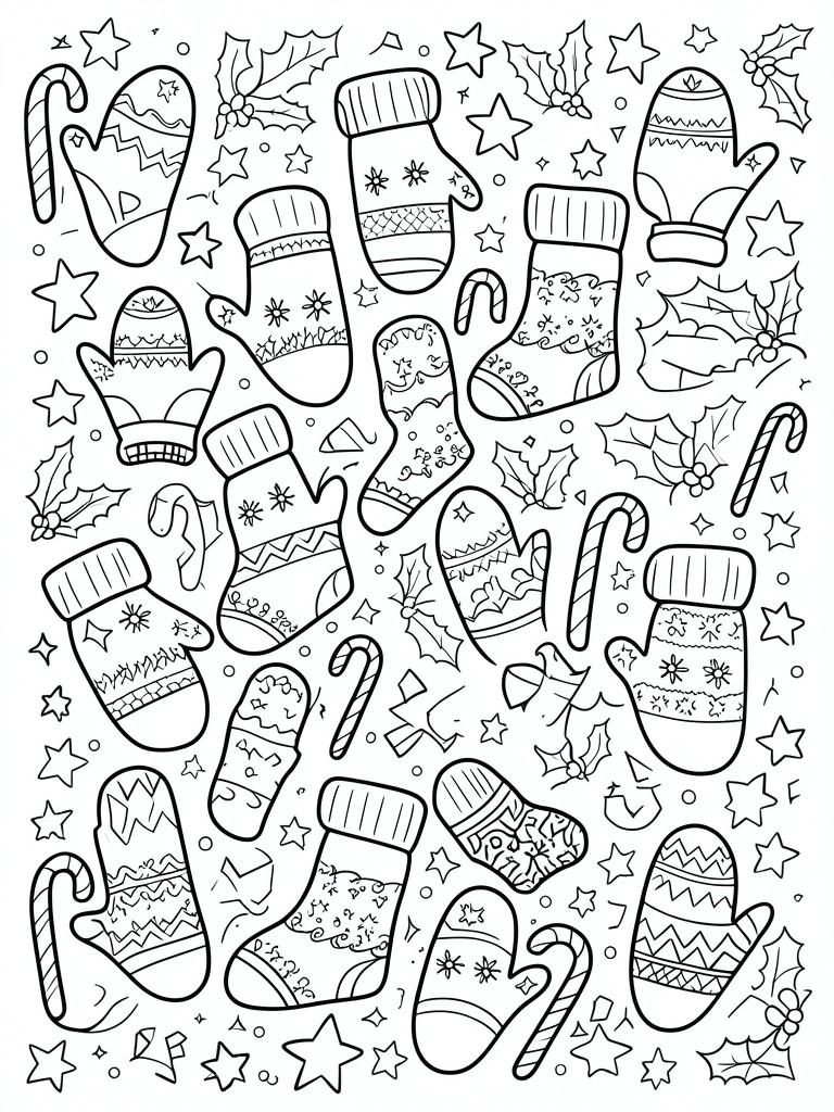 Coloring page with patterned mittens, stockings, candy canes, holly, and stars