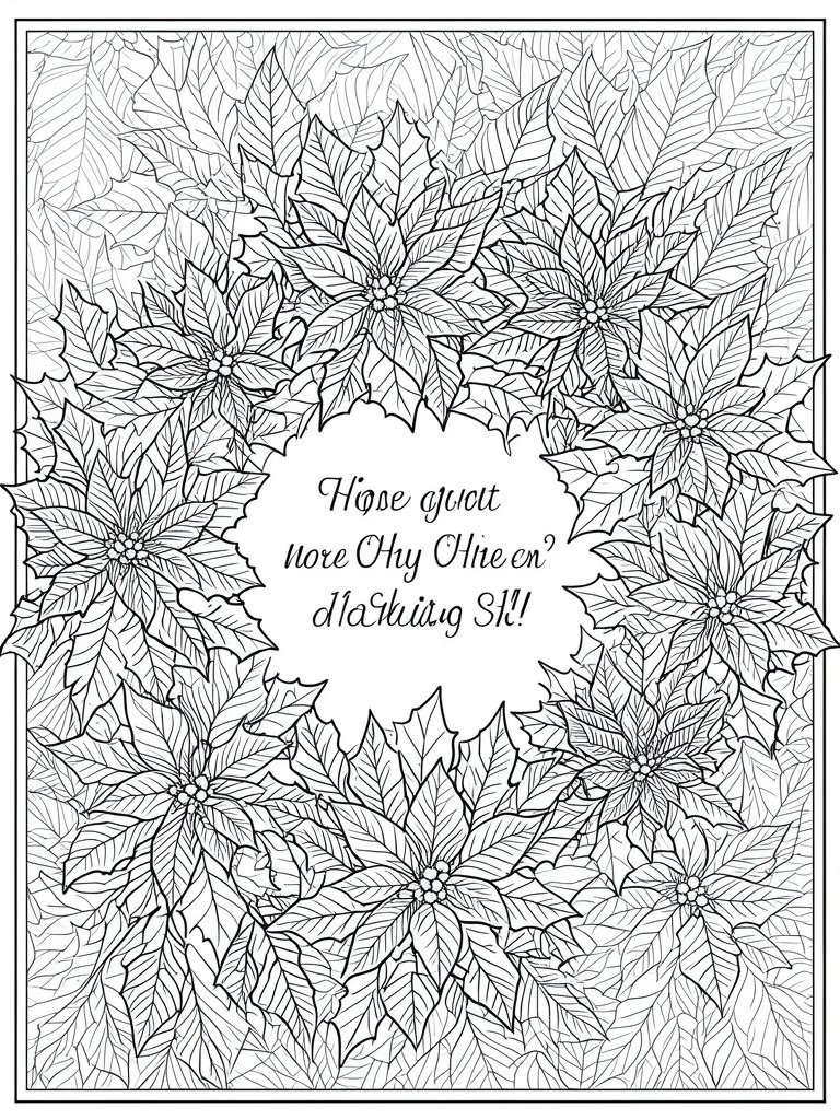 Coloring page with circular poinsettia flowers surrounding a Christmas greeting text.