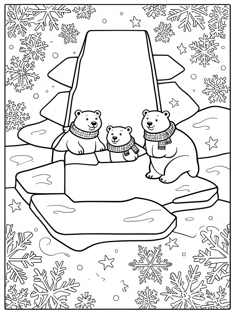 Three polar bears wearing scarves sit on ice blocks with snowflakes and stars around them.