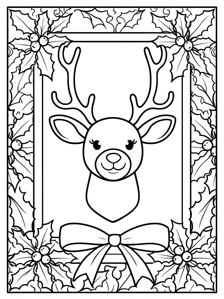 Reindeer head with antlers framed by holly leaves, berries, and bow