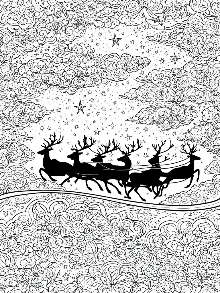 Silhouetted reindeer team flying through starry sky with ornate swirling clouds