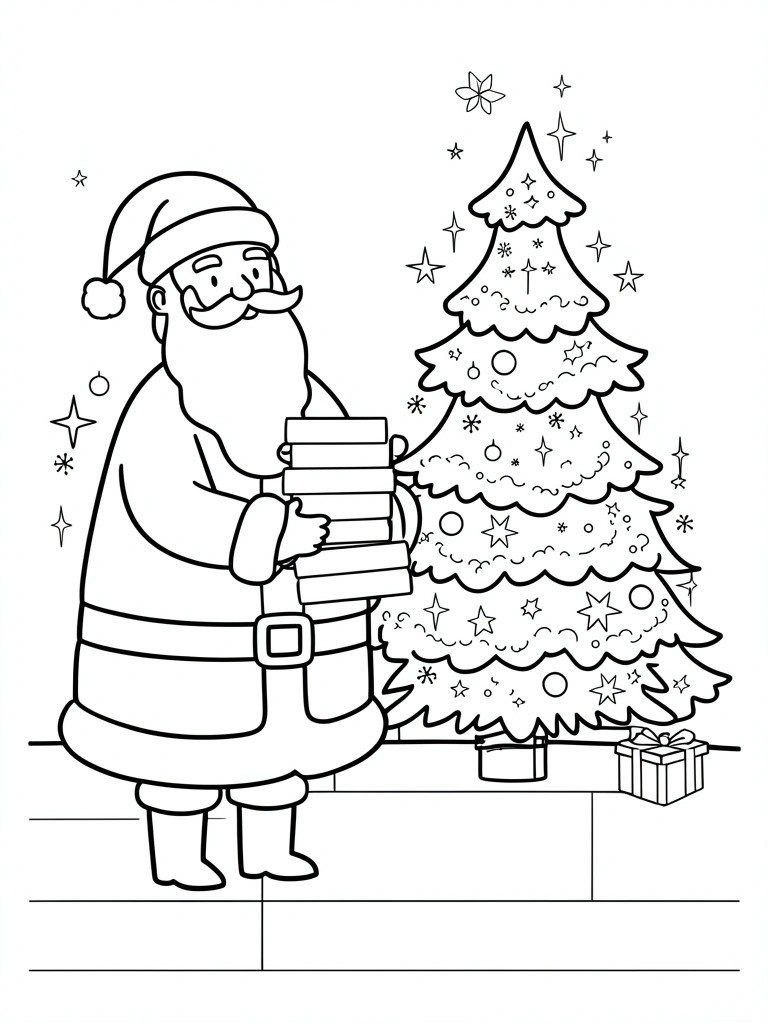 A line drawing of Santa Claus holding a stack of gifts next to a decorated Christmas tree with presents on the floor.