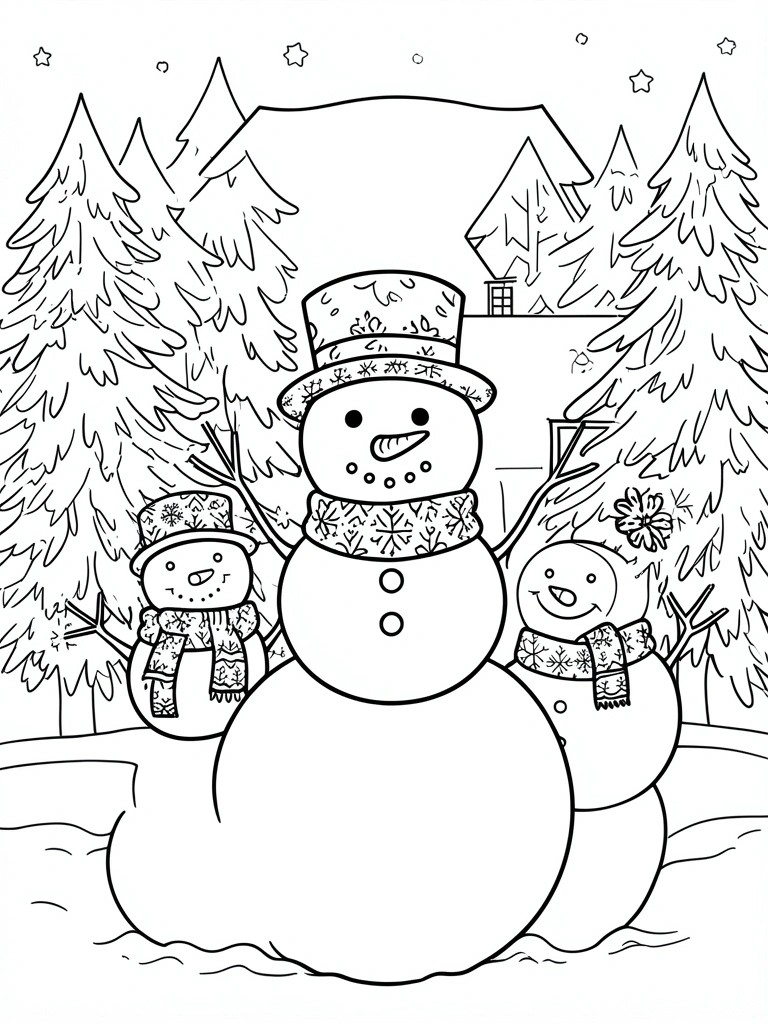 Three snowmen with patterned hats and scarves in winter scene with trees and house.