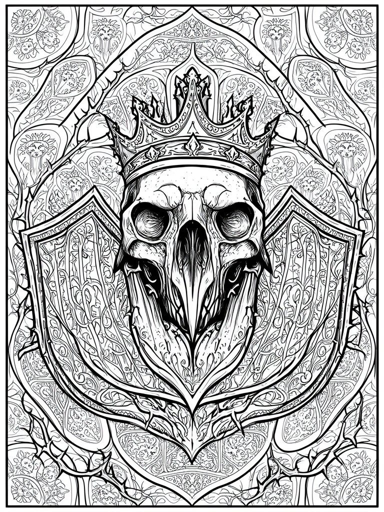 Crowned bird skull between ornate shields in intricate black-and-white line art