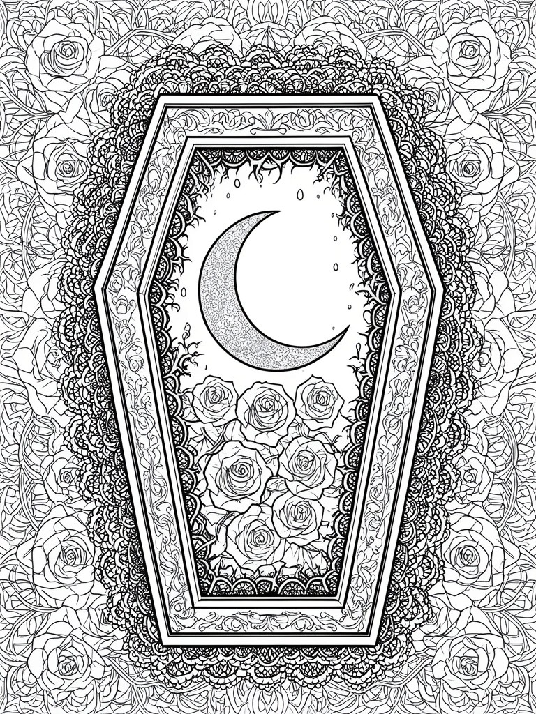 Ornate coffin with crescent moon and roses amid intricate black-and-white floral patterns.
