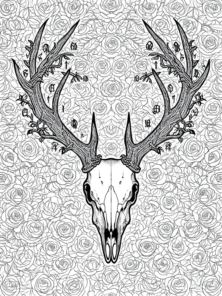 Black and white deer skull with rune-etched antlers amid dense roses