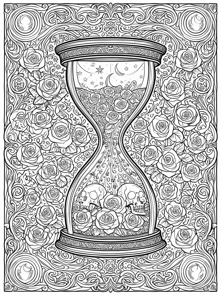 Intricate line art of hourglass with skulls, roses, moons and ornate swirls.
