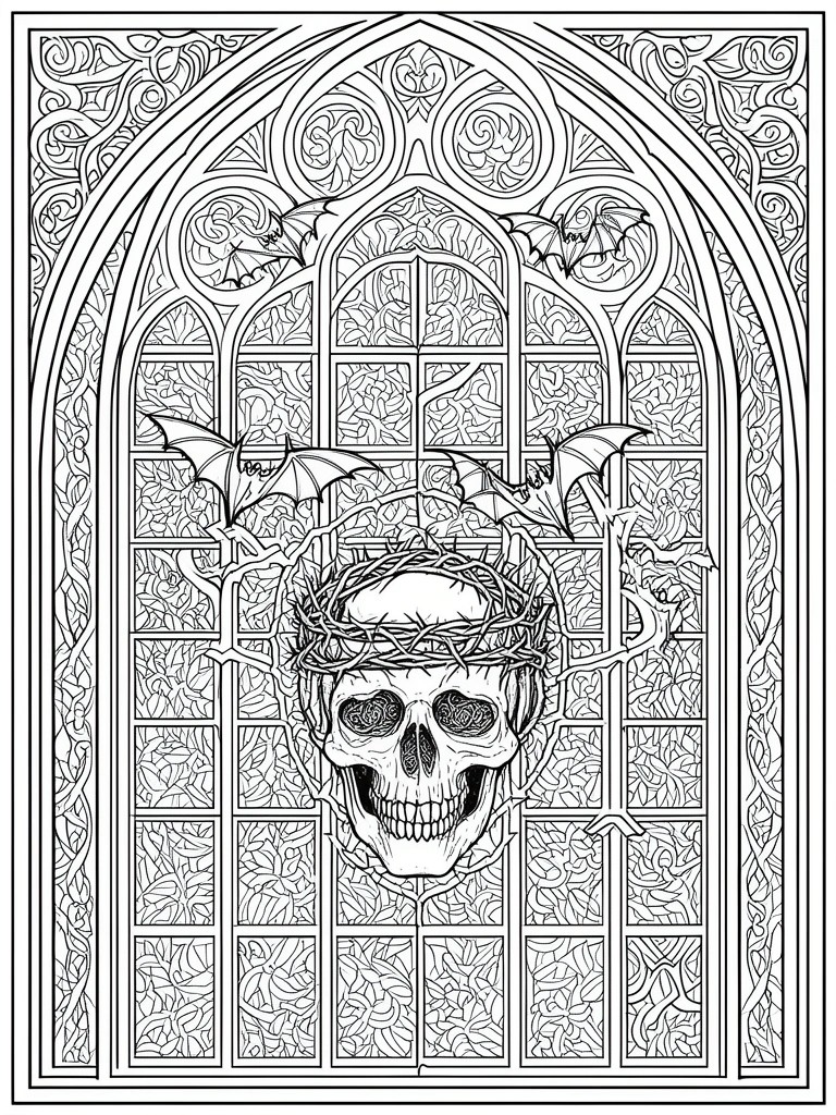 Gothic arched window with central skull in thorny crown and flying bats in line art