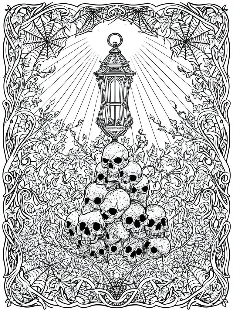 A black and white line drawing shows a lantern above a pile of skulls surrounded by ivy and spiderwebs with light rays extending outward.