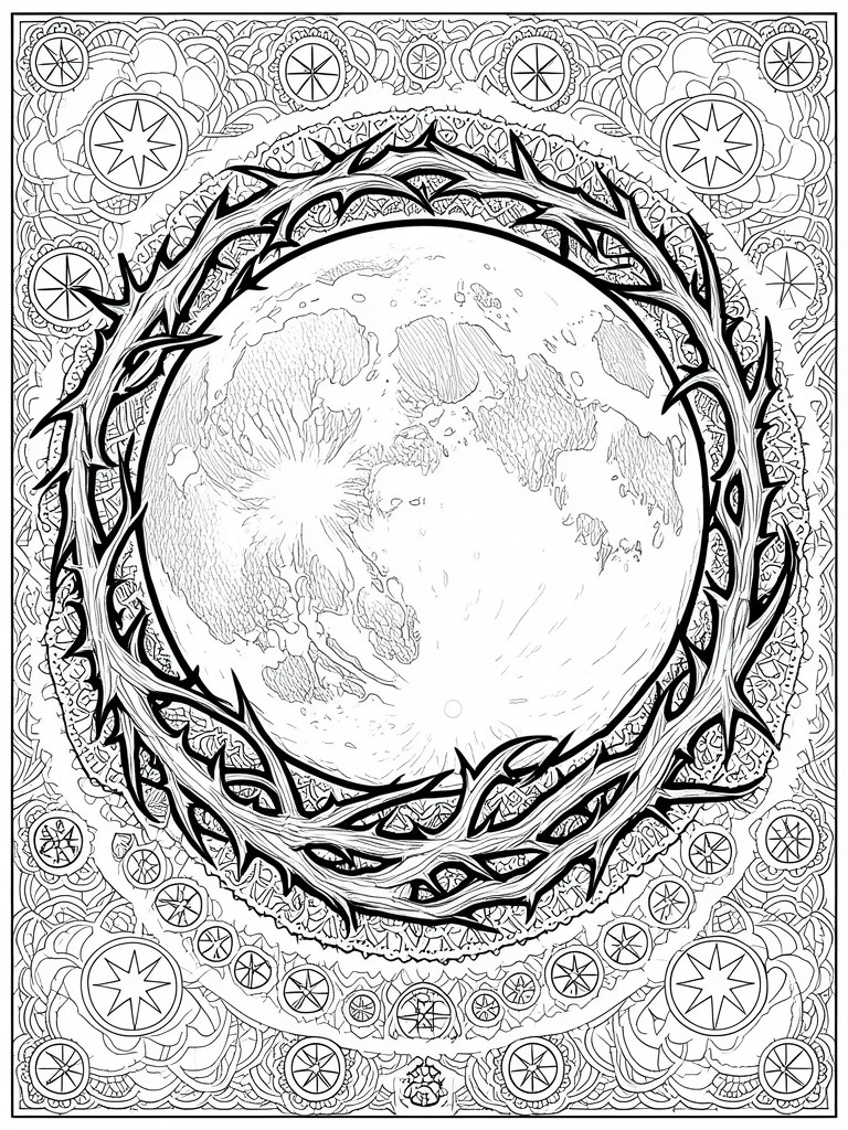 Intricate line art of a cratered moon encircled by thorny vines with starry border