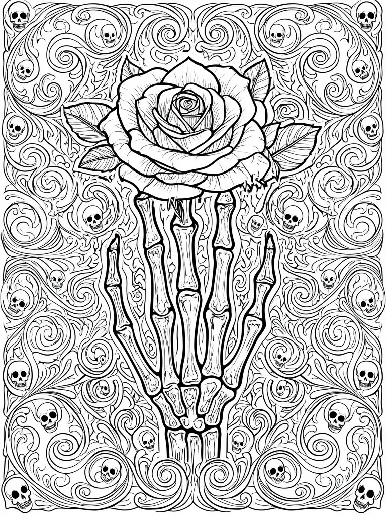 A black and white coloring page shows a rose gripped by a skeleton hand amid swirls and skulls.