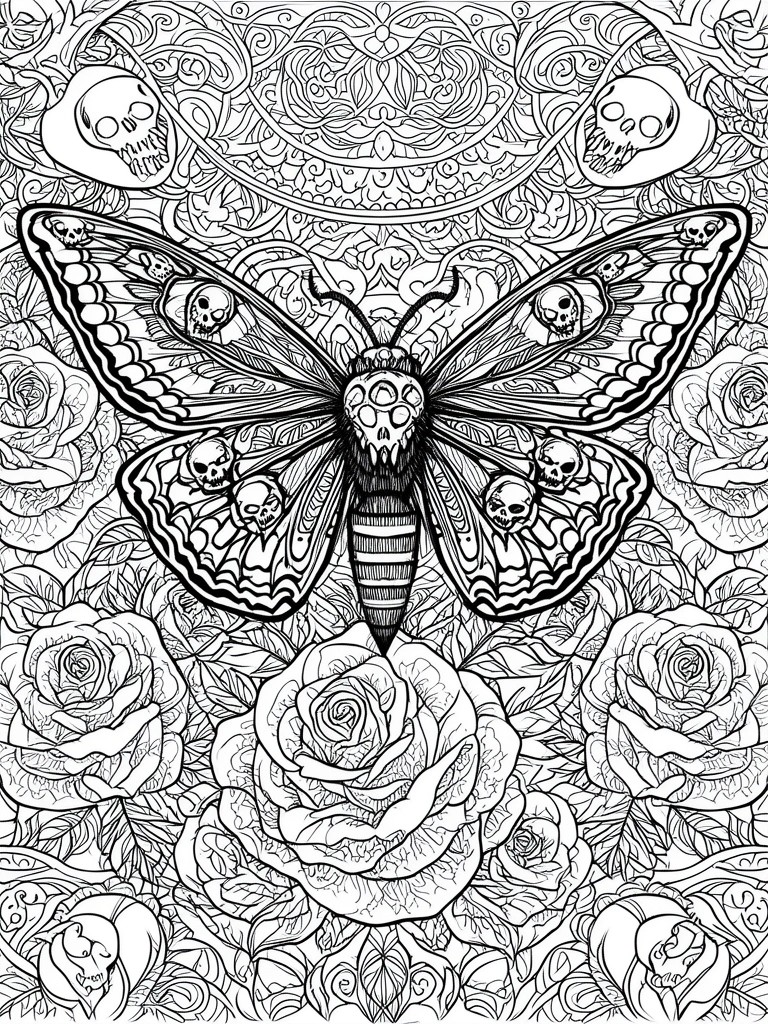 Intricate black-and-white line art of skull-patterned moth amid roses and mandalas.