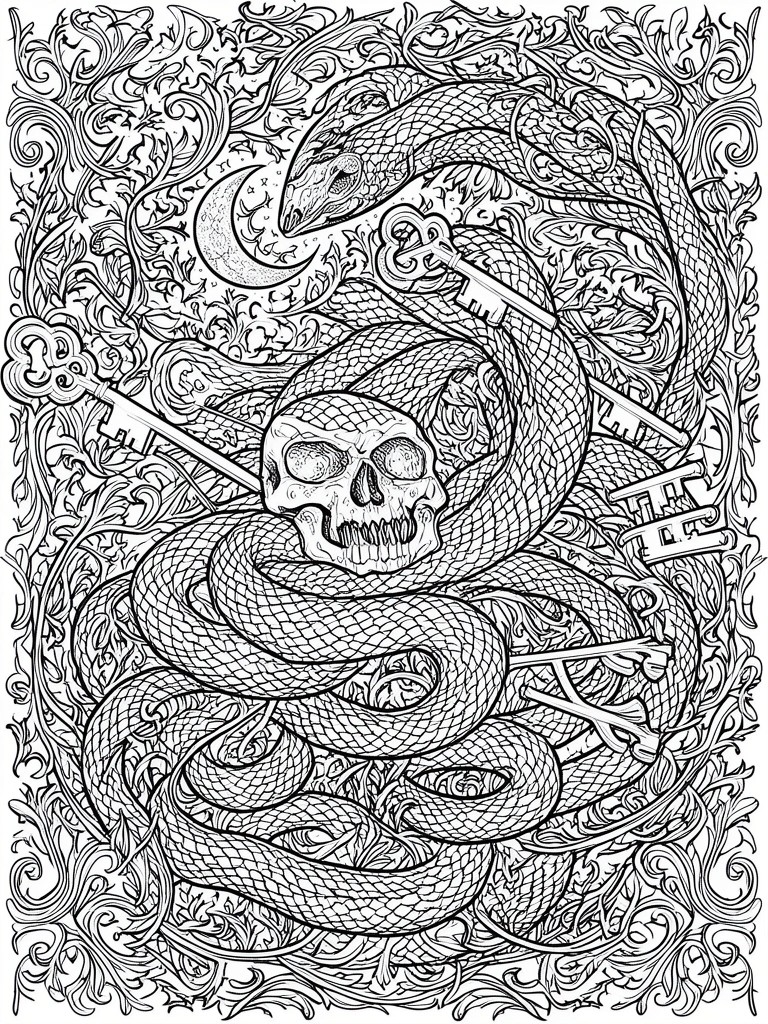 A black and white line drawing of a snake wrapped around a skull with keys and a crescent moon, surrounded by floral borders.