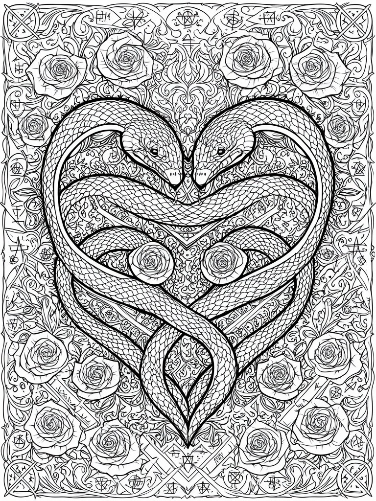 Two snakes intertwined in a heart amid roses and ornate mystical symbols.