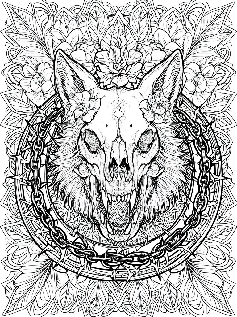 A black and white line drawing of a wolf skull with open jaws, flowers growing from the head, surrounded by chains and thorny vines in a circular mandala of leaves.