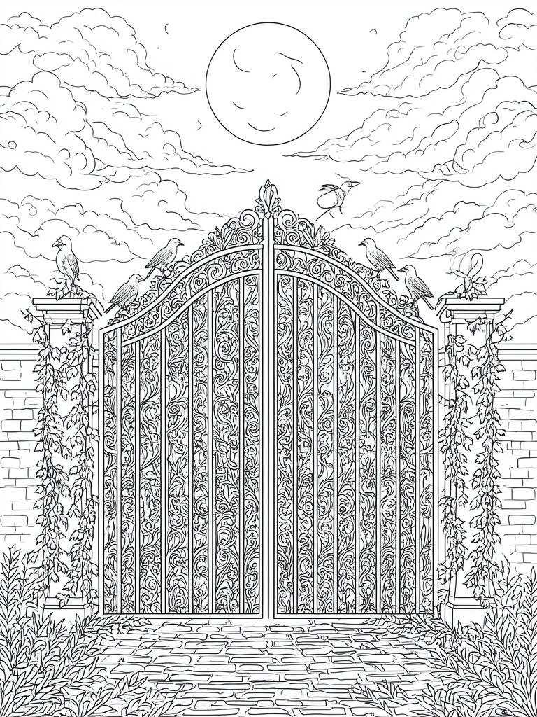 Ornate double gates with floral patterns, birds on ivy-covered pillars, cobblestone path under sun and clouds