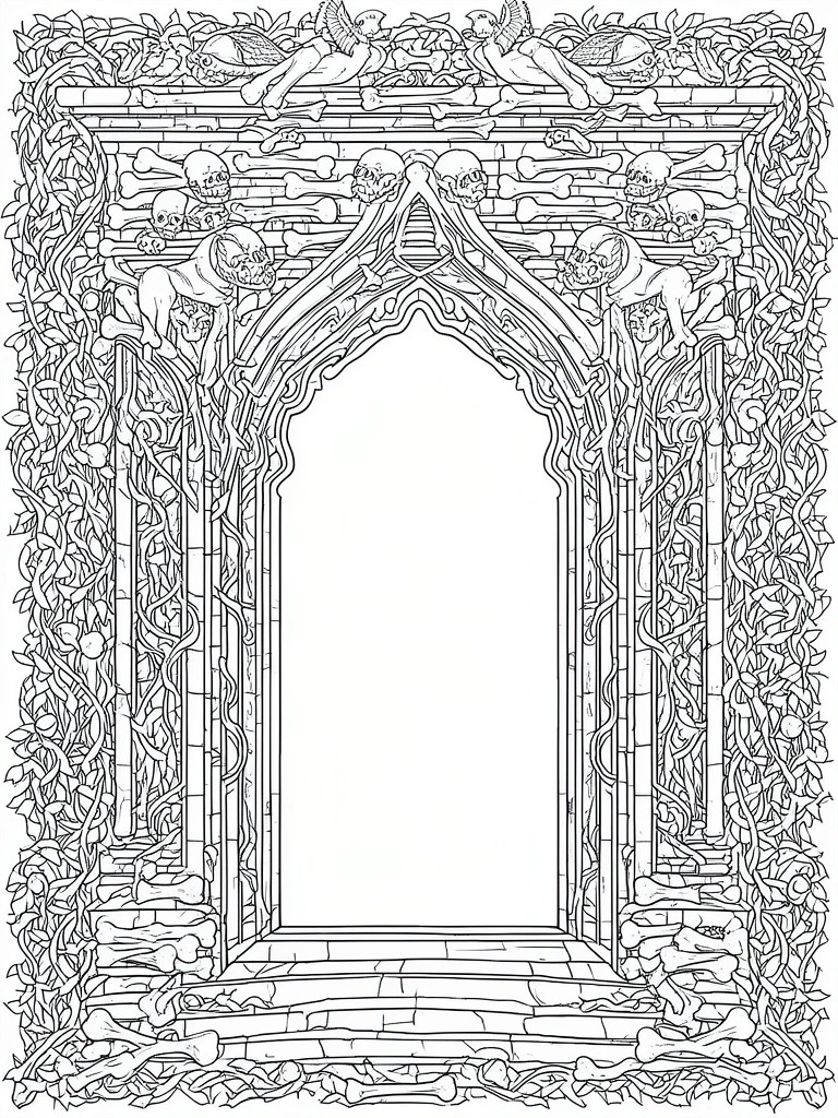 Gothic pointed arch framed by skulls, bones, vines, and winged figures in line art