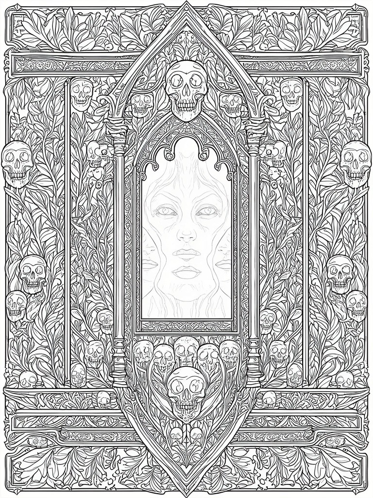 A black and white intricate coloring page with a gothic arched frame, multiple skulls in foliage, and a central tall panel showing a face.