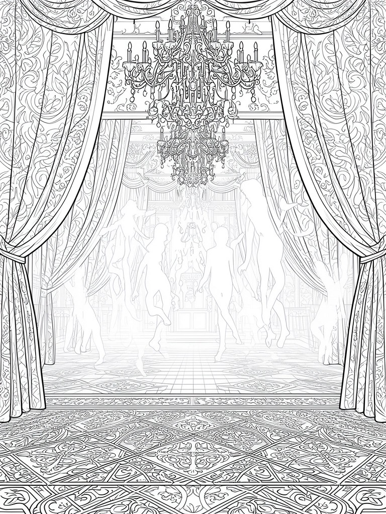 Intricate line art of lavish ballroom with chandeliers, curtains, and dancing silhouettes.
