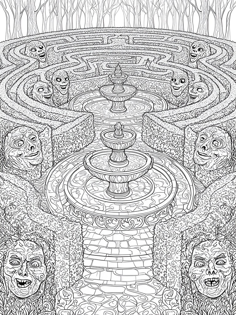 Detailed line art of tiered fountain in hedge maze with grotesque monster faces.