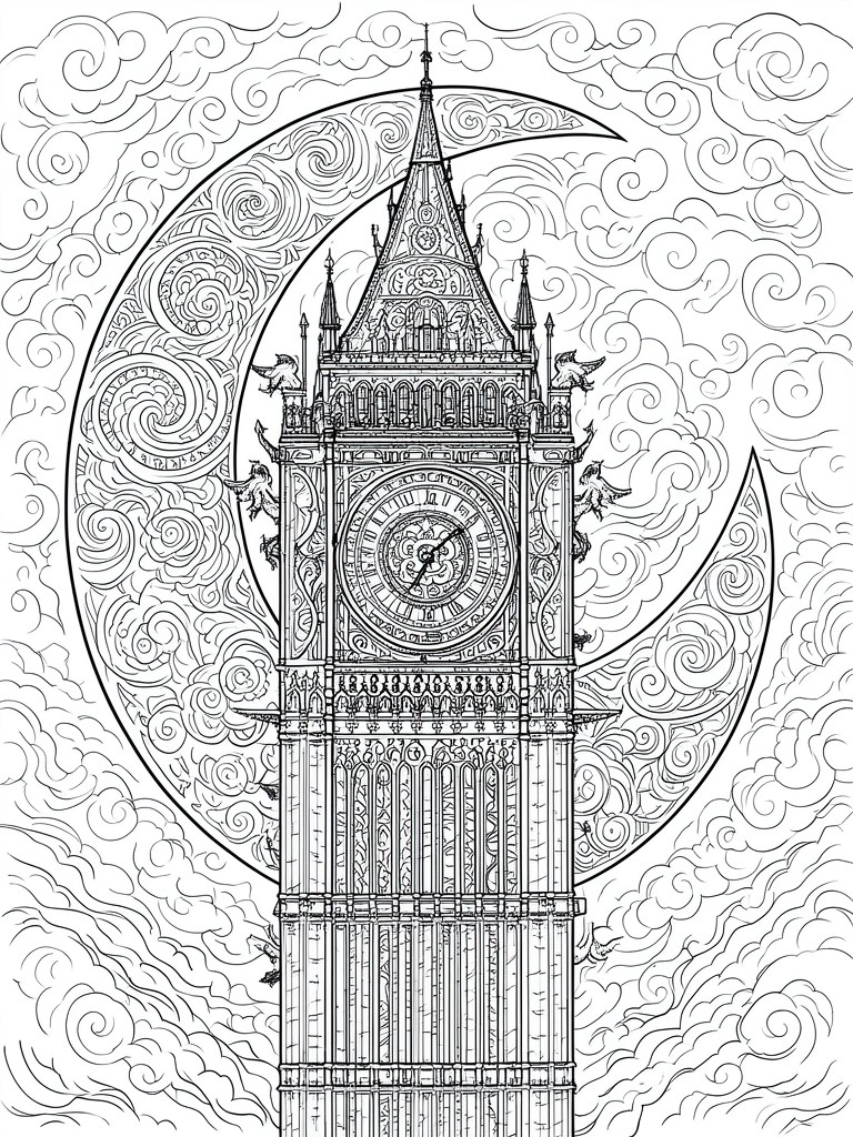 Coloring page of a tall clock tower centered in front of a large crescent moon with spiral patterns, swirling clouds, and small winged figures around it.
