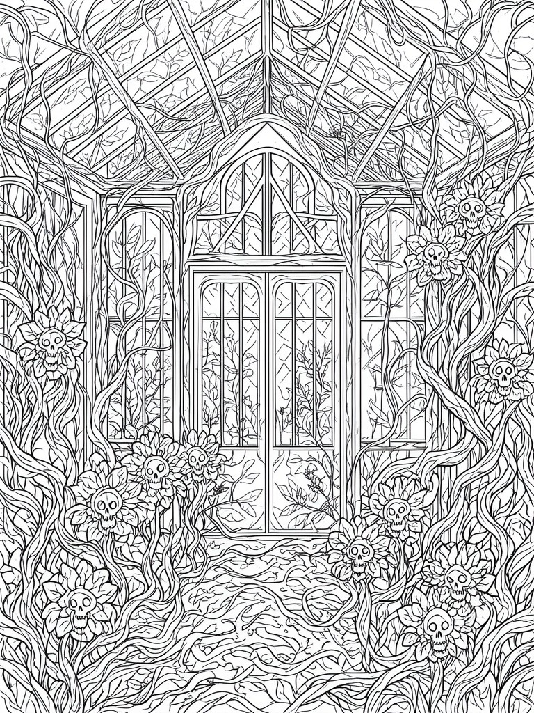 Intricate line drawing of overgrown greenhouse with skull flowers and twisting vines