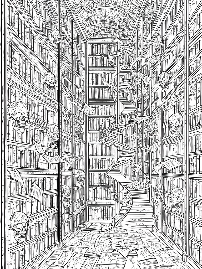 Intricate black-and-white drawing of eerie library with skulls, books, and spiral staircase.