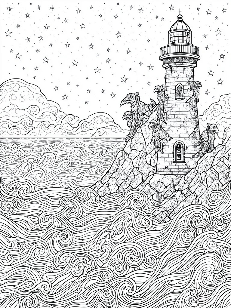Lighthouse on rocky cliff with birds overlooking stormy waves under starry night sky