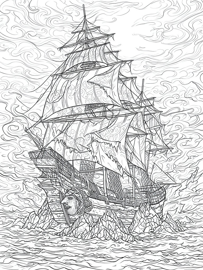 Detailed line art of a tall ship wrecked on jagged rocks amid stormy seas.