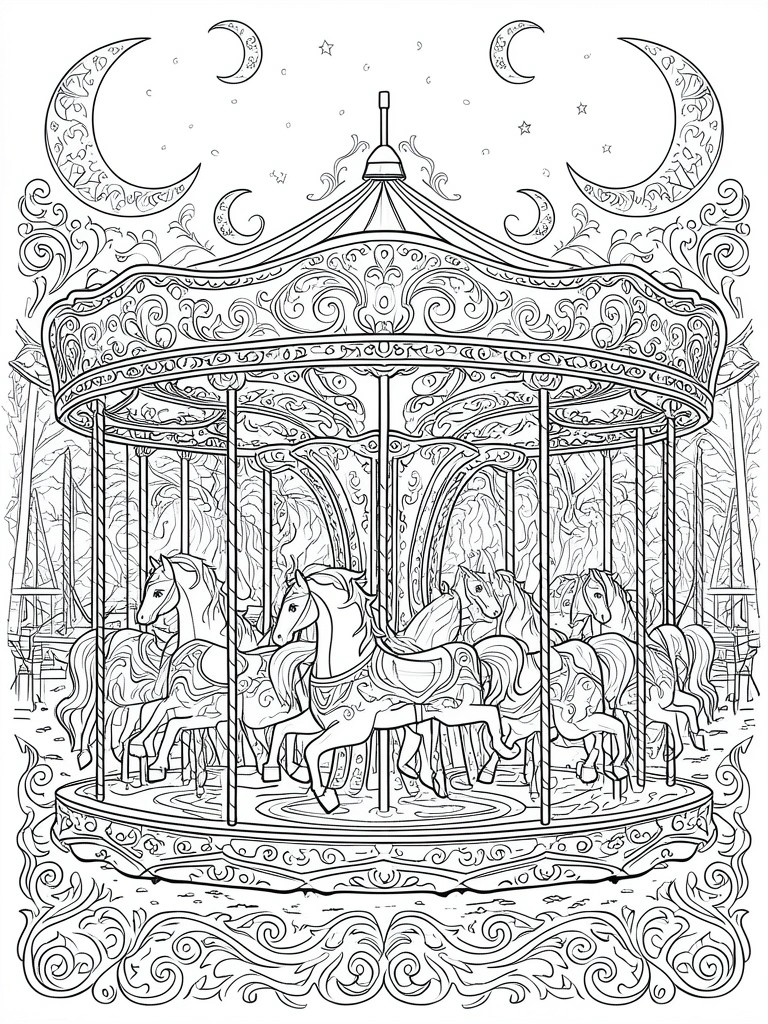Ornate black-and-white carousel with galloping horses beneath crescent moons and stars