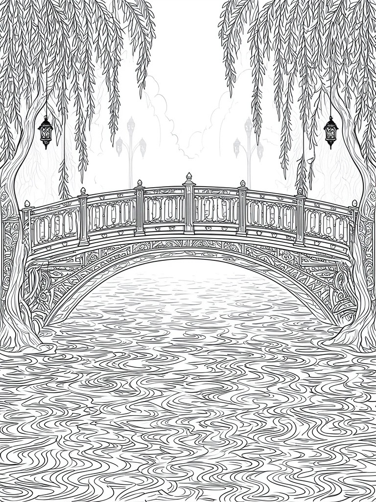A black and white line drawing of an ornate arched bridge over wavy water flanked by weeping willow trees with lanterns.