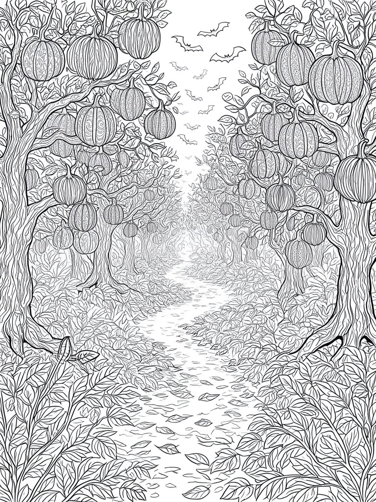 Black and white line art of a winding forest path lined with pumpkin trees and bats.