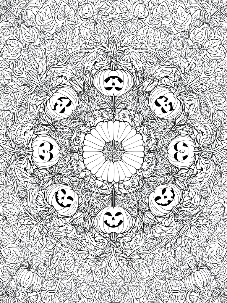 A black and white mandala coloring page with jack o lantern pumpkins arranged in a circle amid leaves and vines.