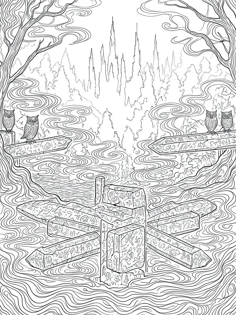 A black and white line drawing shows multiple wooden signposts covered in runes with owls perched on them and swirling lines filling the forest background.