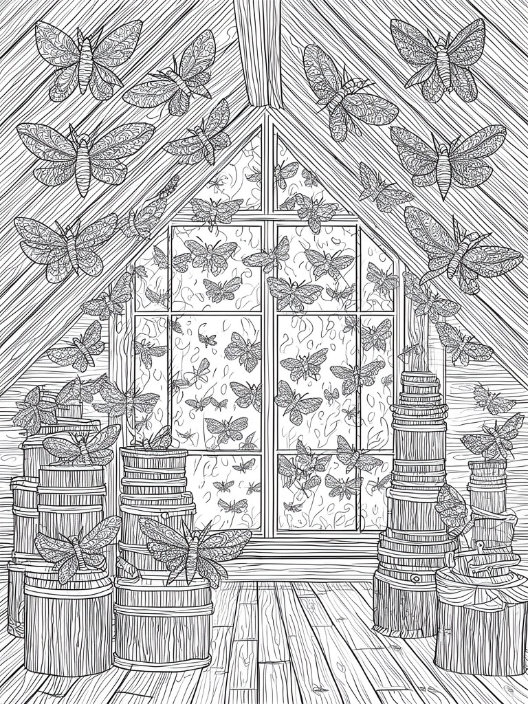 A black and white line drawing of an attic interior with a window, stacked barrels, wooden walls, and many moths of varying sizes.