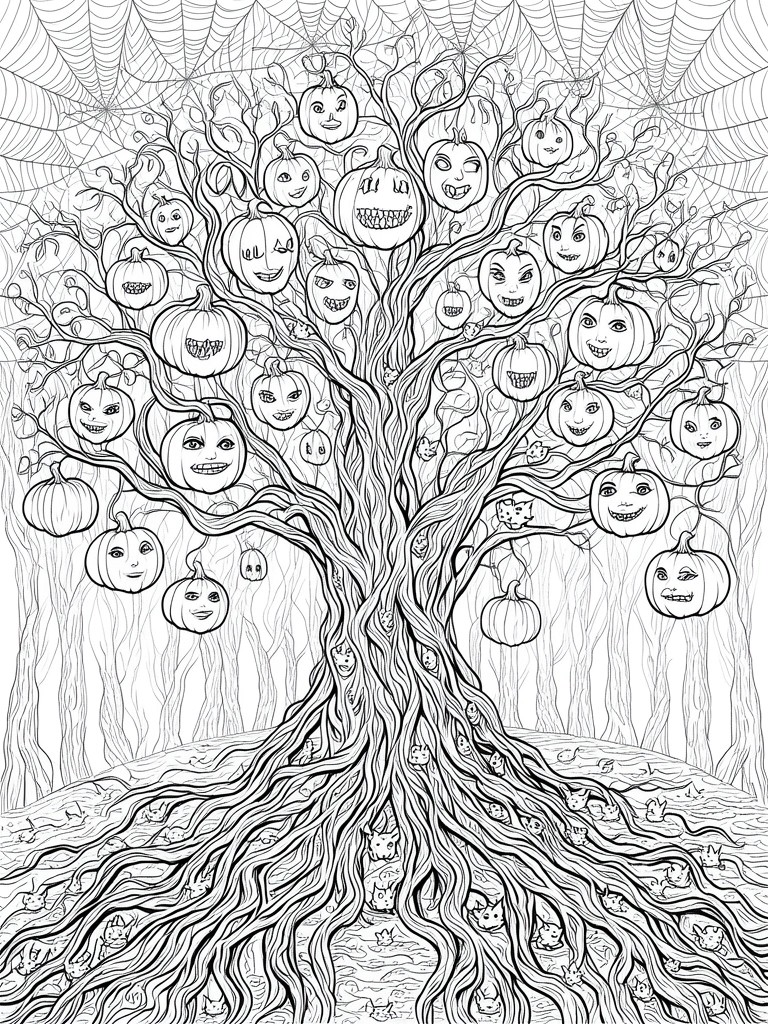 Spooky tree with carved jack-o'-lantern faces on branches, spiderwebs above, creatures on roots