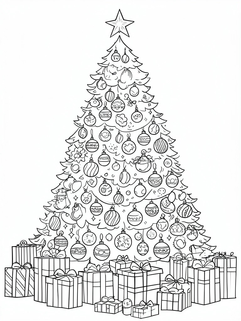 Line art Christmas tree with star, ornaments, and wrapped gift boxes below