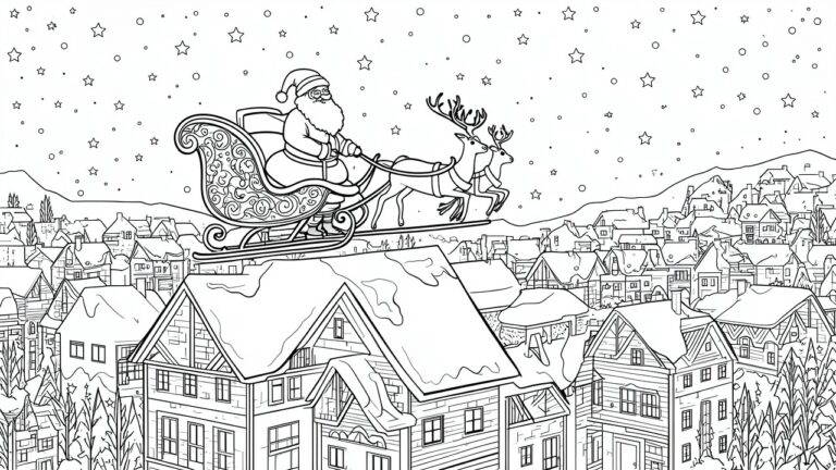 A black and white coloring page showing Santa in a sleigh with two reindeer flying over snow-covered houses and a Christmas tree on a starry night.